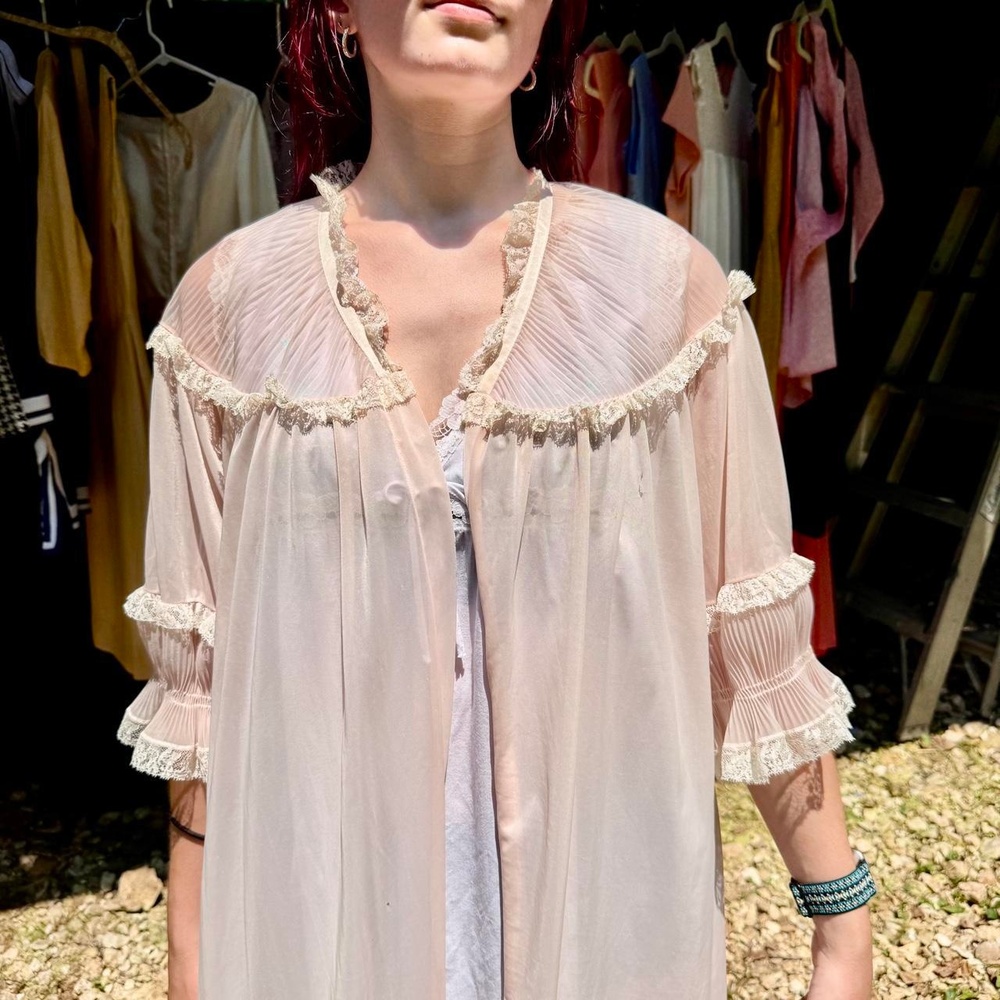 50s lady duff maxi dressing gown peignoir pink accordion pleat chiffon